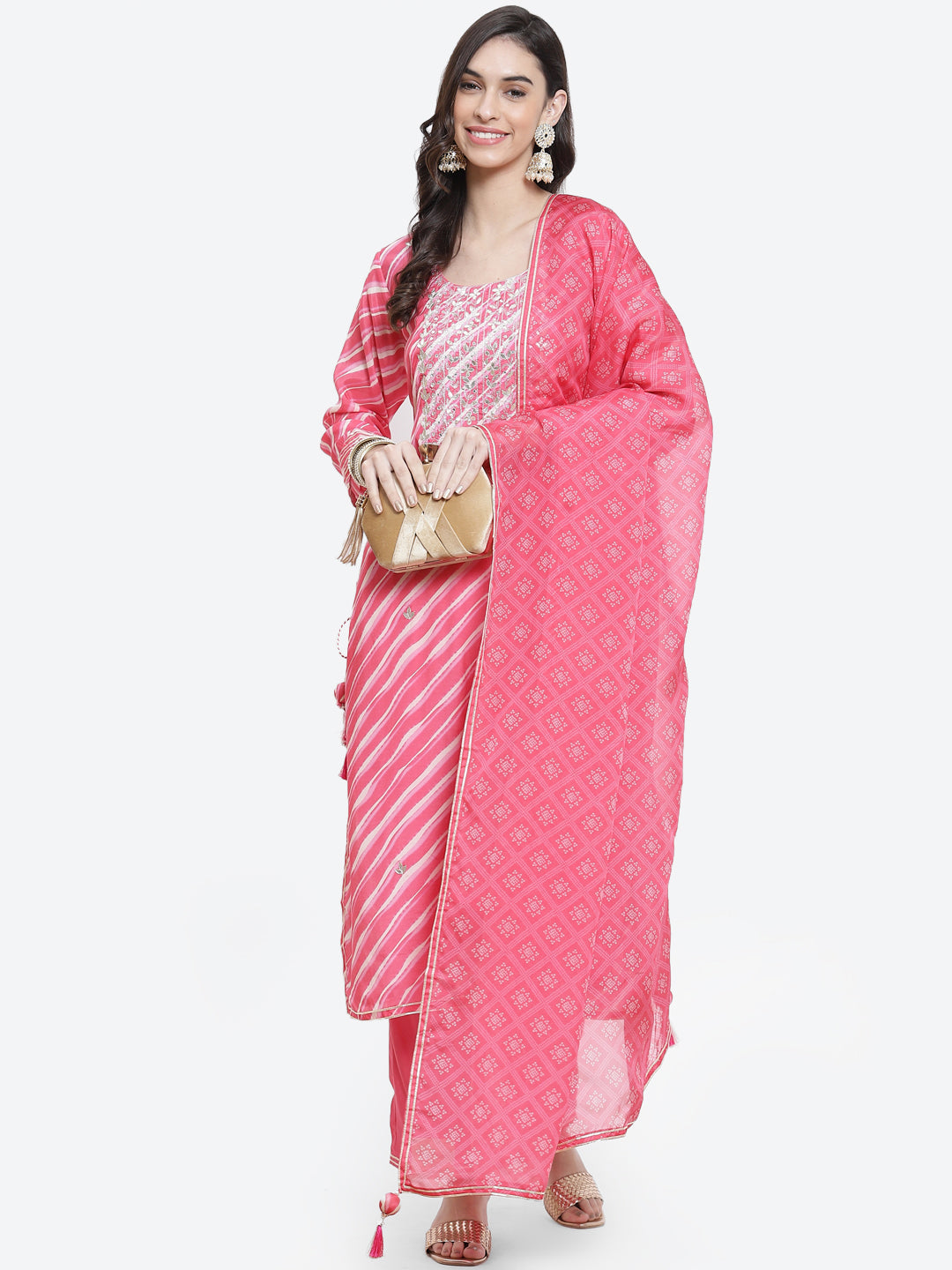 Leheriya Printed Gota Work Cotton Stitched Salwar Kameez With Printed Organza Dupatta