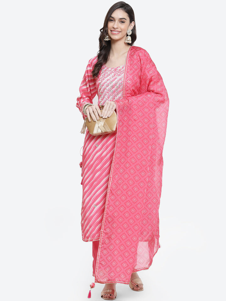 Leheriya Printed Gota Work Cotton Stitched Salwar Kameez With Printed Organza Dupatta