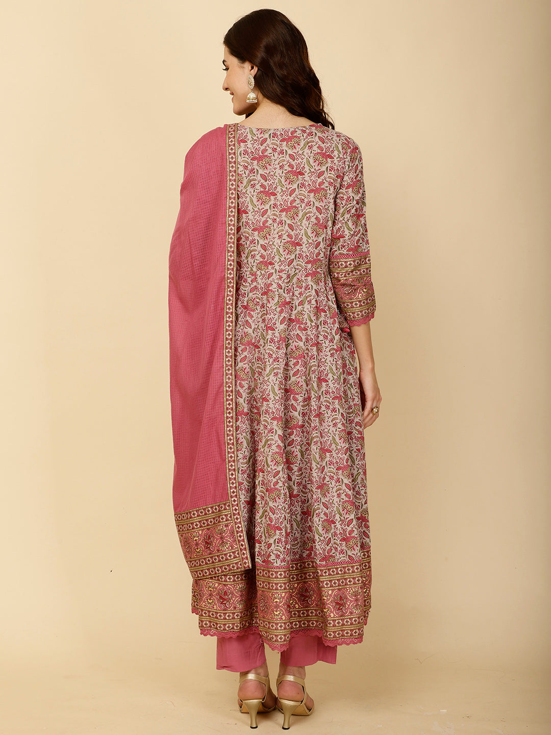 Floral Block Printed Anarkali Kurta With Pants &amp; Dupatta