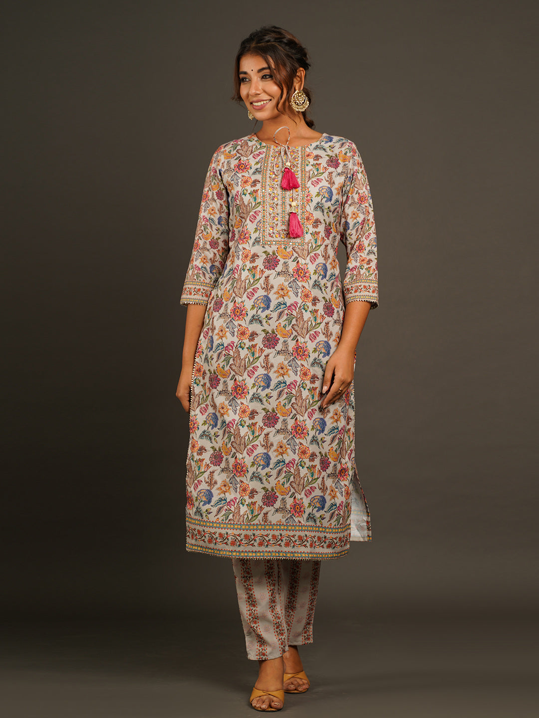 Floral Printed Muslin Kurta With Pants &amp; Dupatta