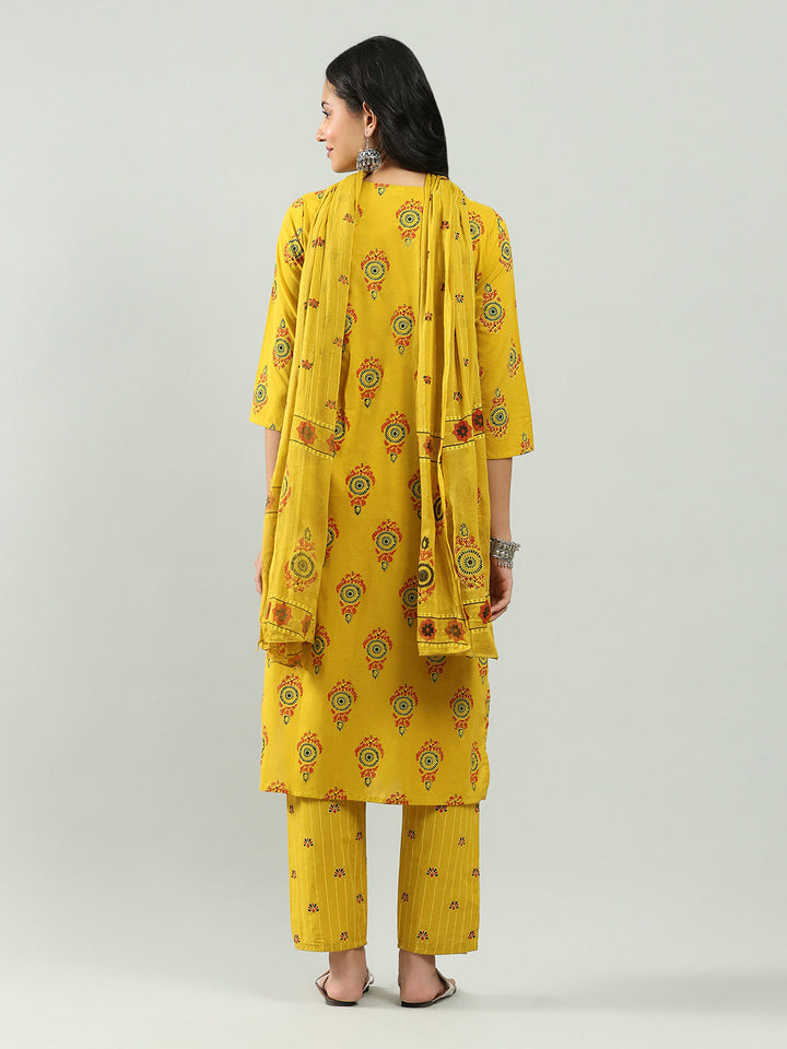 Printed Cotton Blend Kurta With Pants &amp; Dupatta