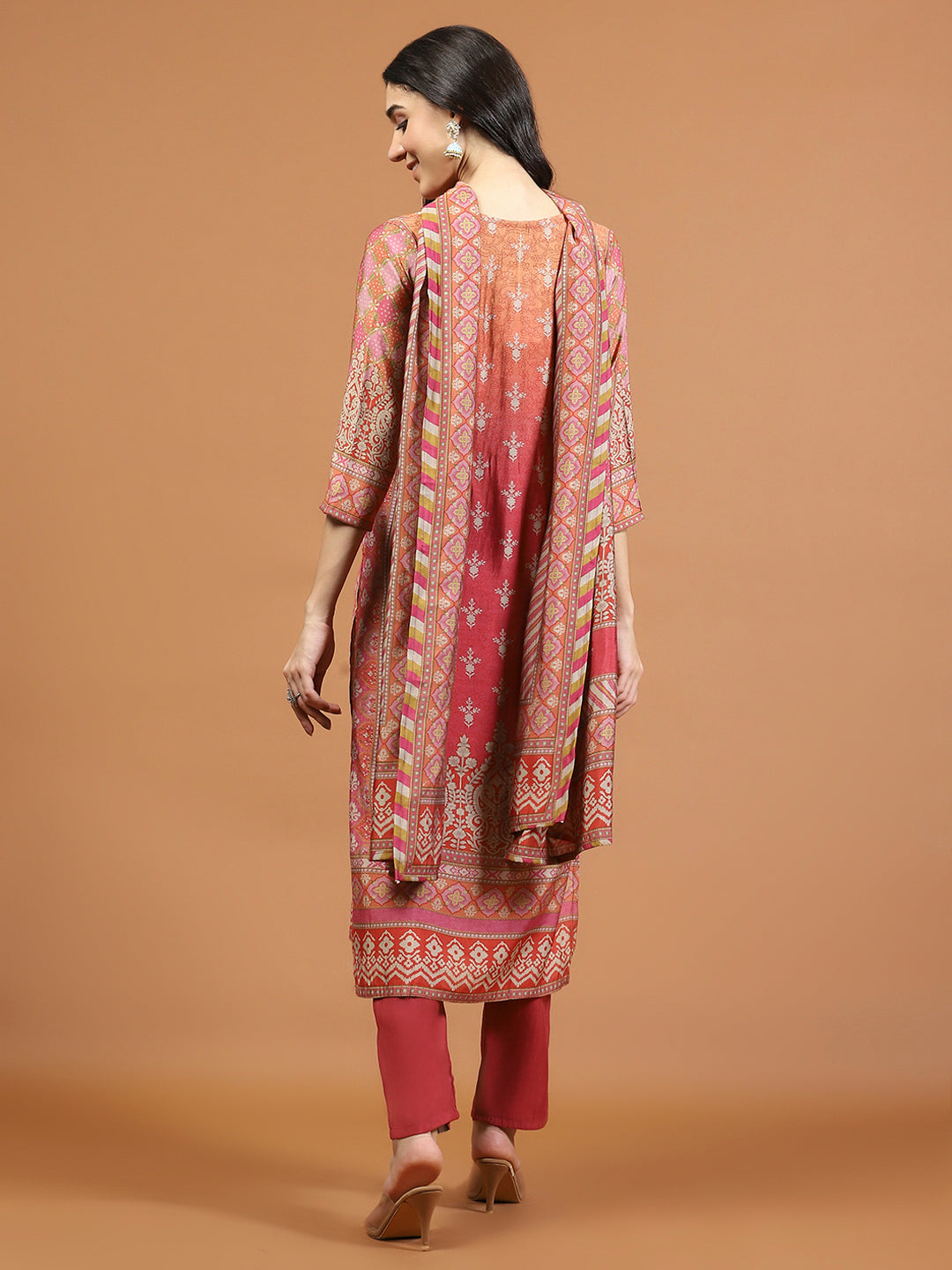 Neck Embroidered Muslin Kurta With Pants &amp; Dupatta