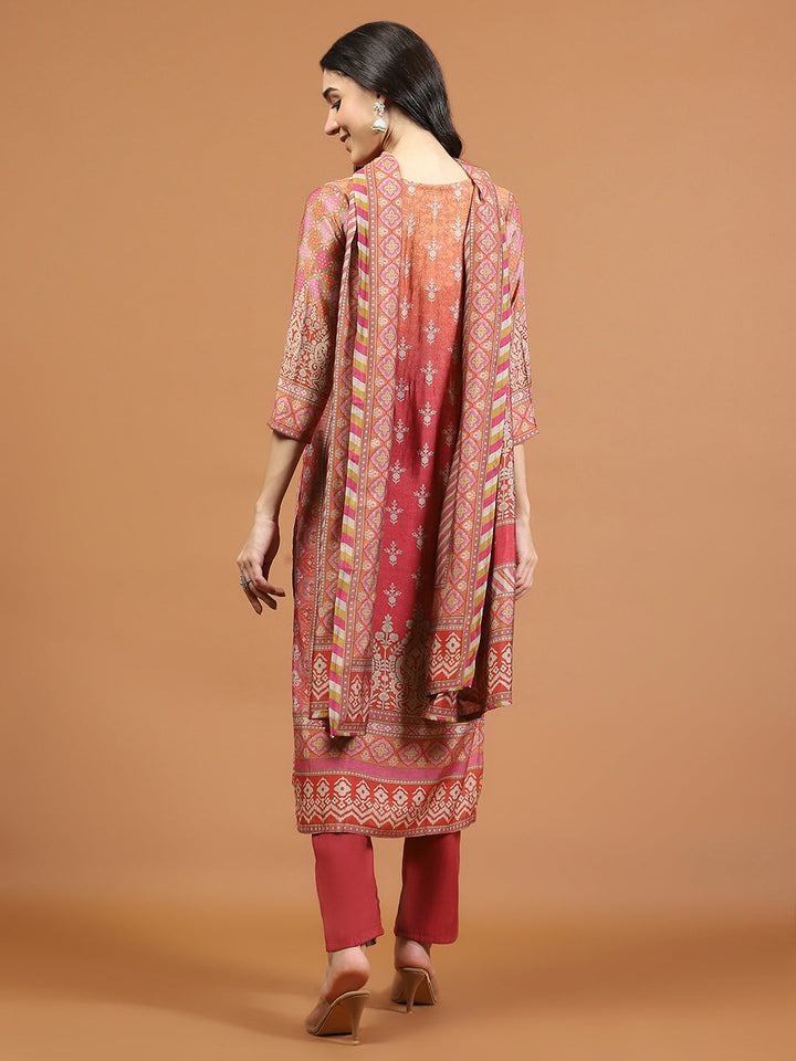 Neck Embroidered Muslin Kurta With Pants &amp; Dupatta