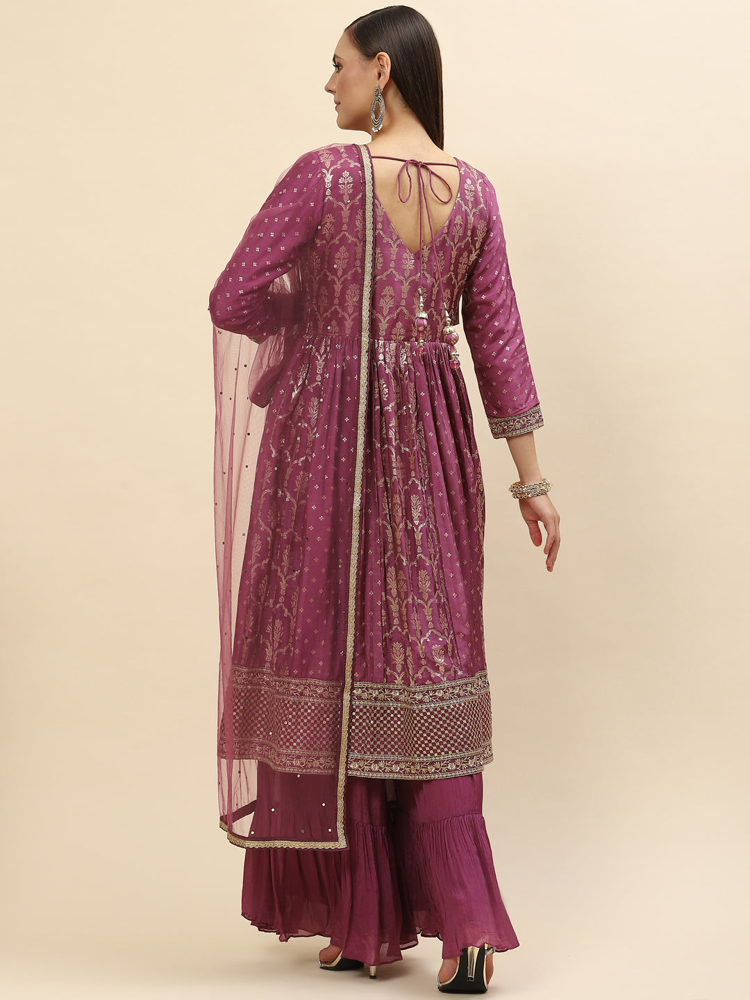 Banarasi Embroidered Chanderi Kurta With Sharara &amp; Net Dupatta