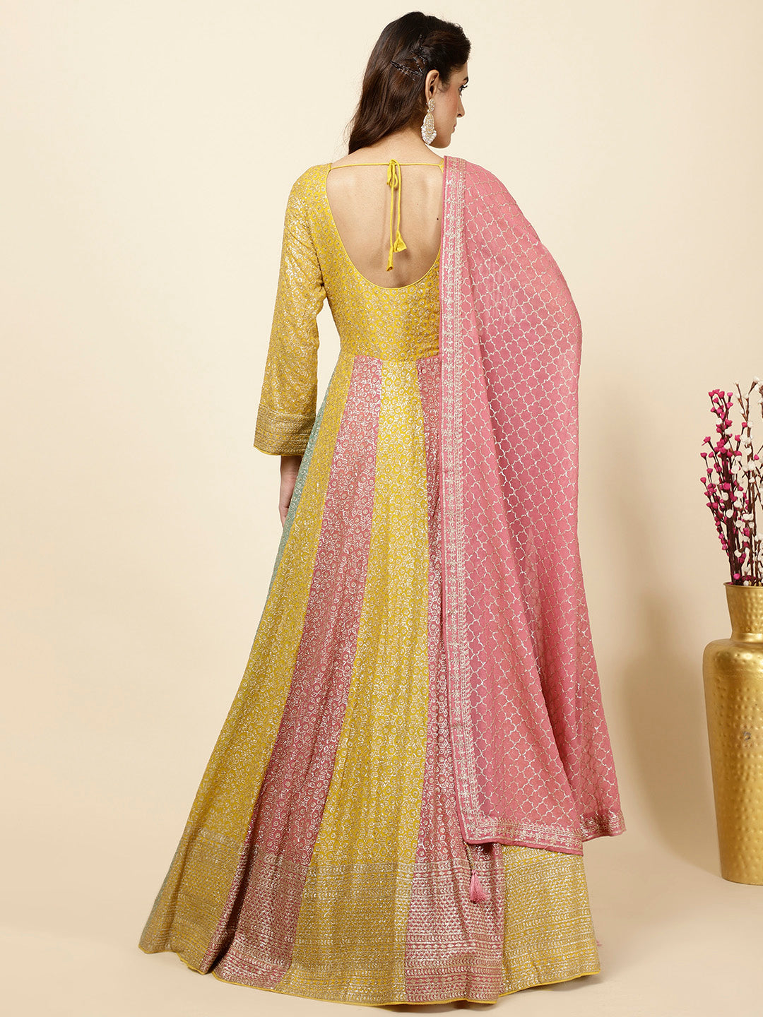Sequin Embroidered Georgette Kurta With Churidar &amp; Dupatta