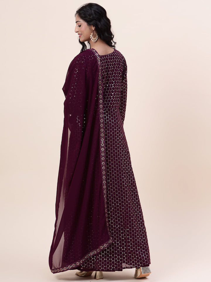 Sequin Embroidered Georgette Kurta With Palazzo &amp; Dupatta