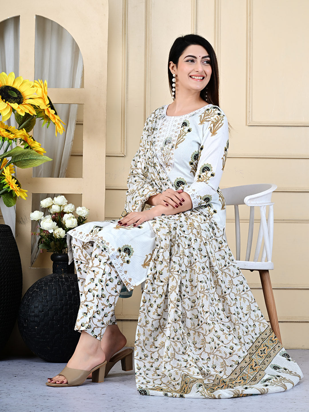 Printed Cotton Blend Kurta With Pants &amp; Dupatta