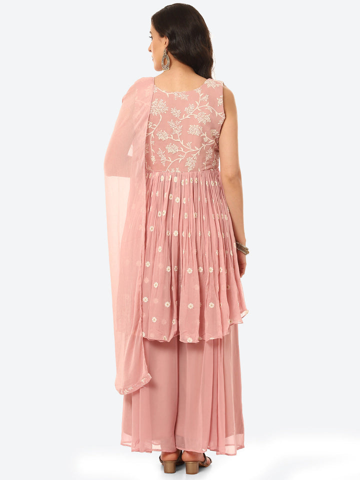 Resham Booti Embroidered Gerorgette Kurti With Palazzo &amp; Dupatta