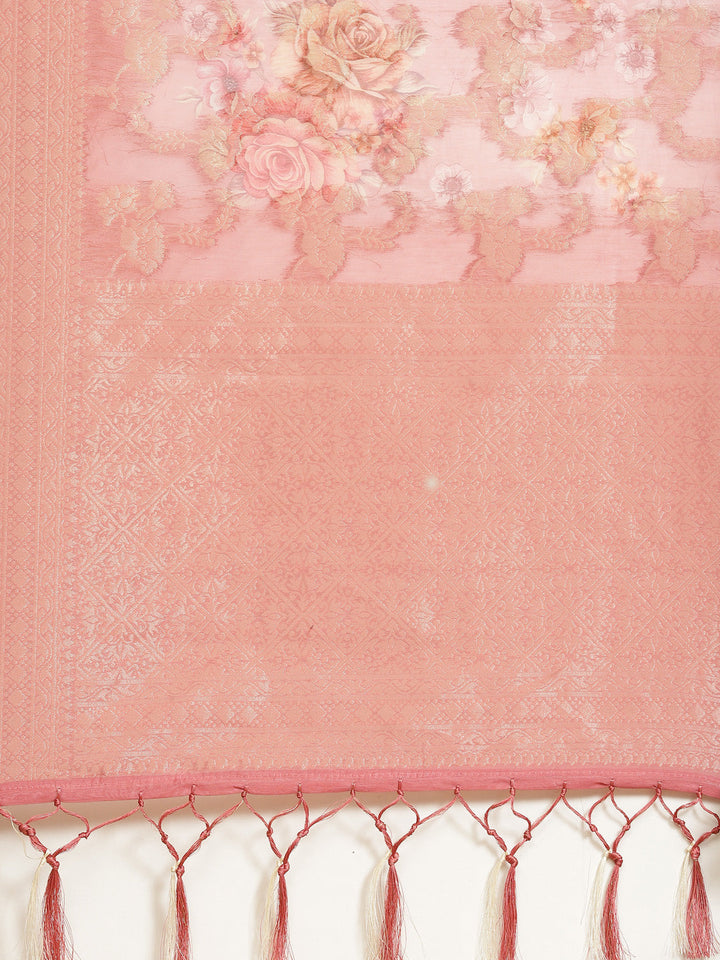 Digital Floral Printed Banarasi Pallu Cotton Chanderi Saree