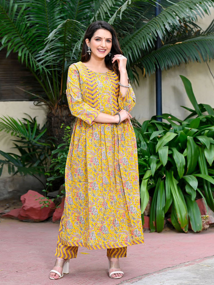 Floral Printed Cotton Kurta With Pants &amp; Dupatta