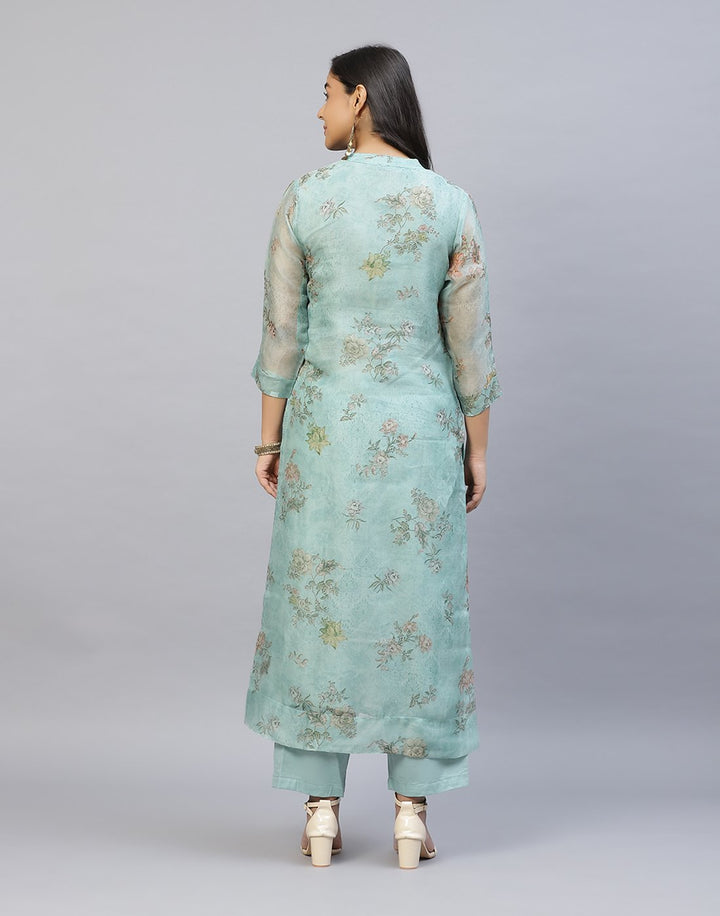 Organza Printed Kurti Pant Set with Yoke Detail
