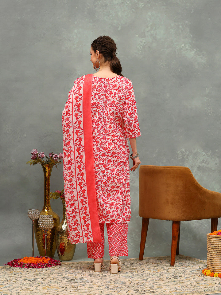 Printed Cotton Blend Kurta With Pants &amp; Dupatta