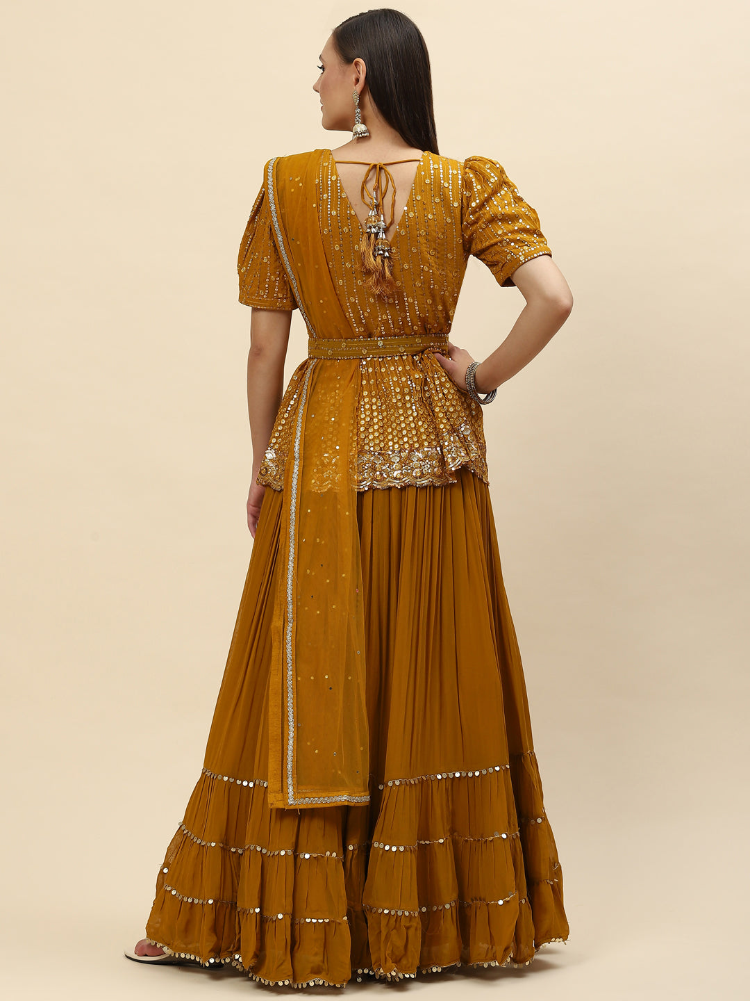 Sequin Embroidered Georgette Peplum Choli With Lehenga &amp; Dupatta