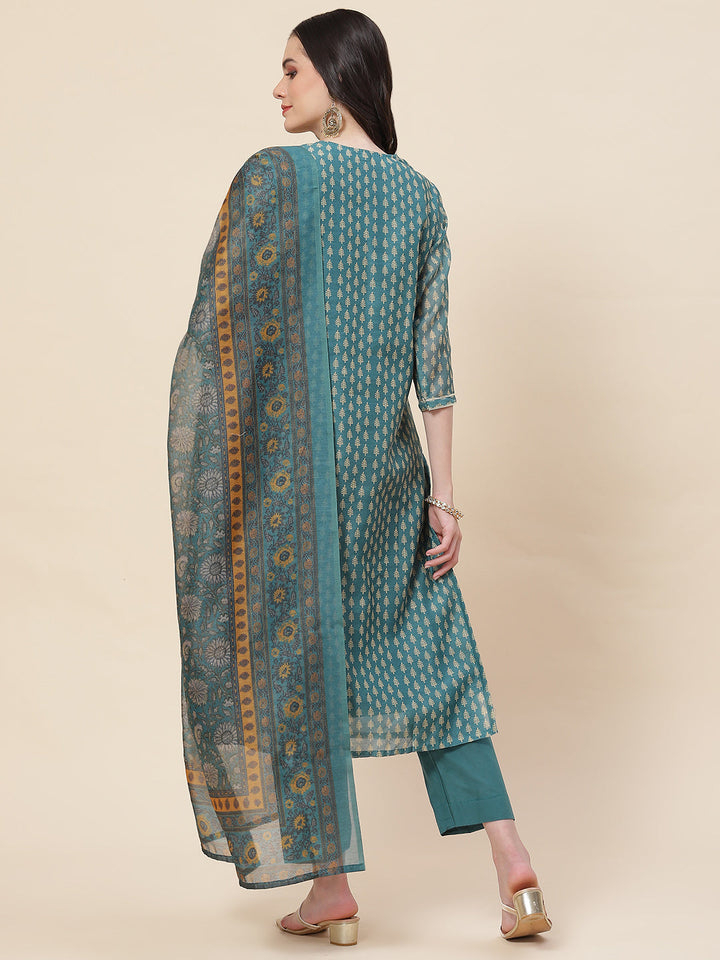Printed &amp; Neck Embroidered Chanderi Kurta With Pants &amp; Dupatta