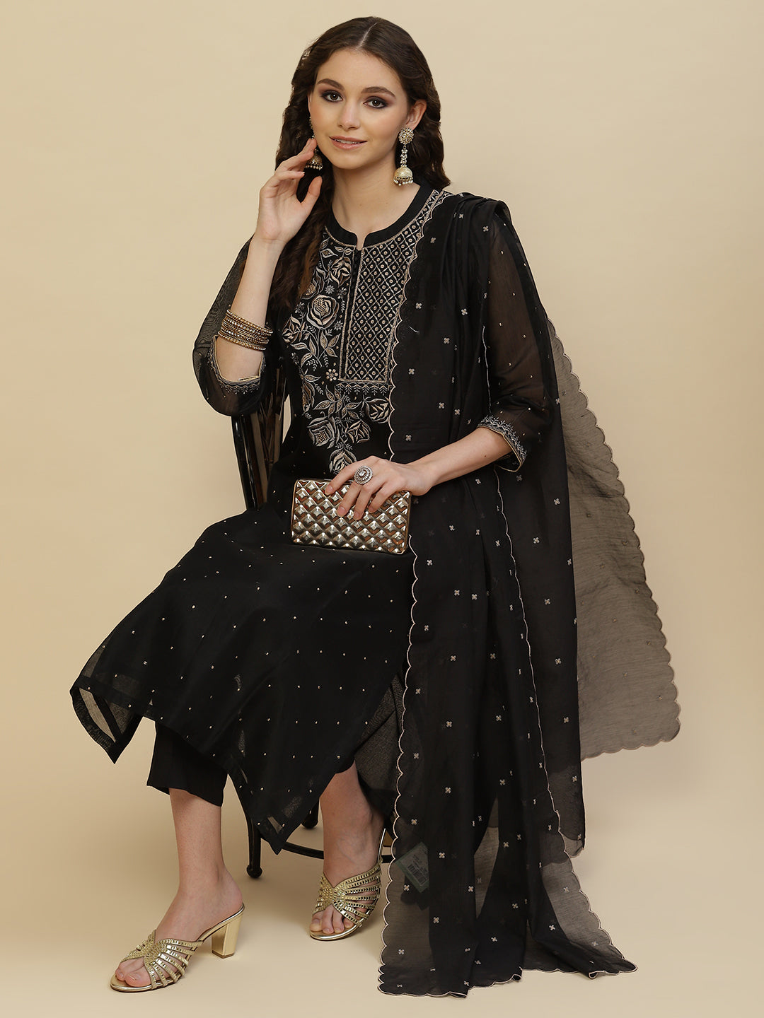 Resham Neck Embroidered Chanderi Kurta With Pants &amp; Dupatta