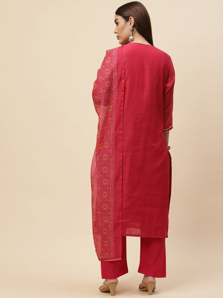Neck Embroidered Chanderi Kurta With Pants &amp; Dupatta