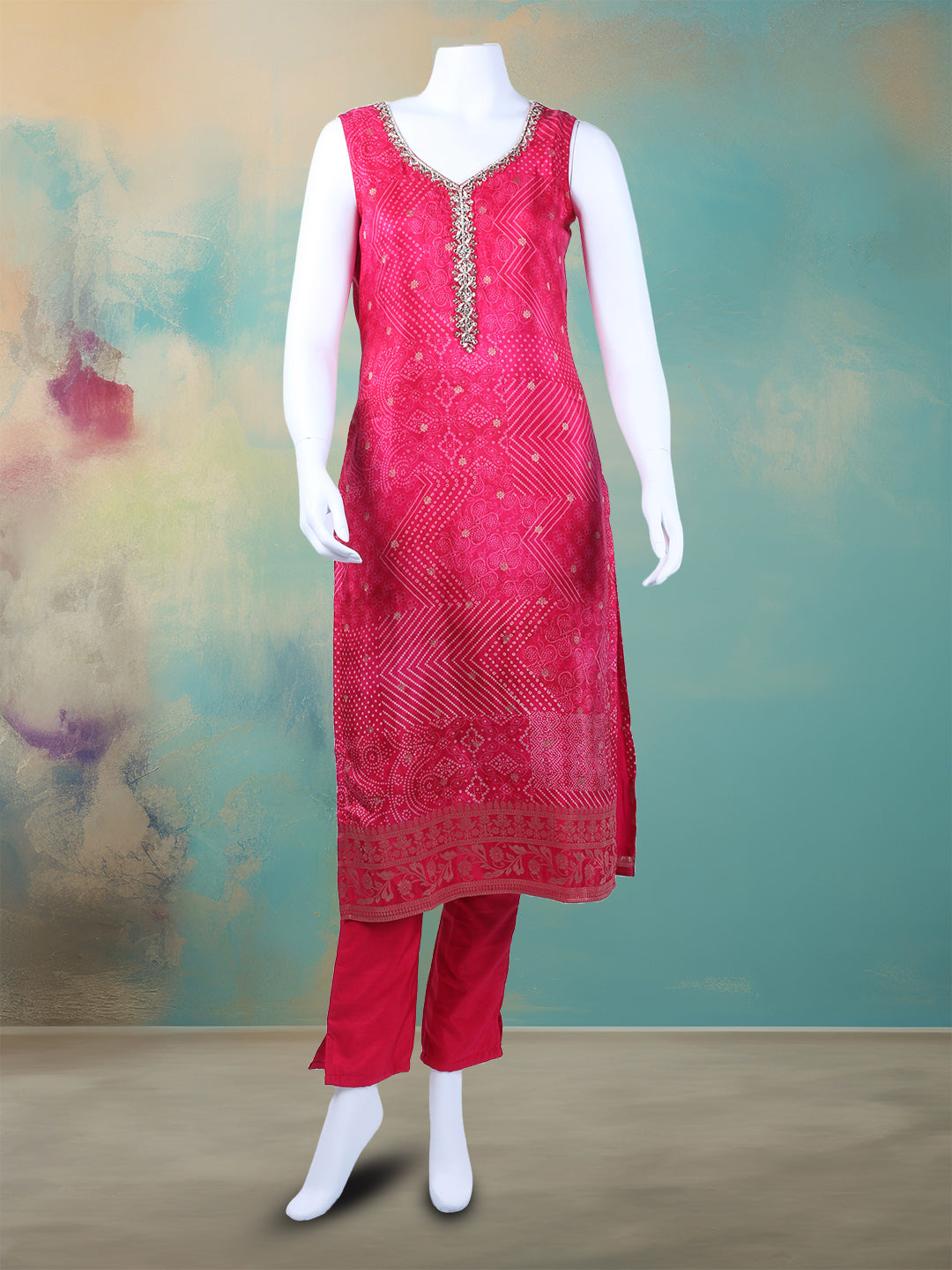 Bandhani Printed Art Silk Kurta With Pants &amp; Dupatta