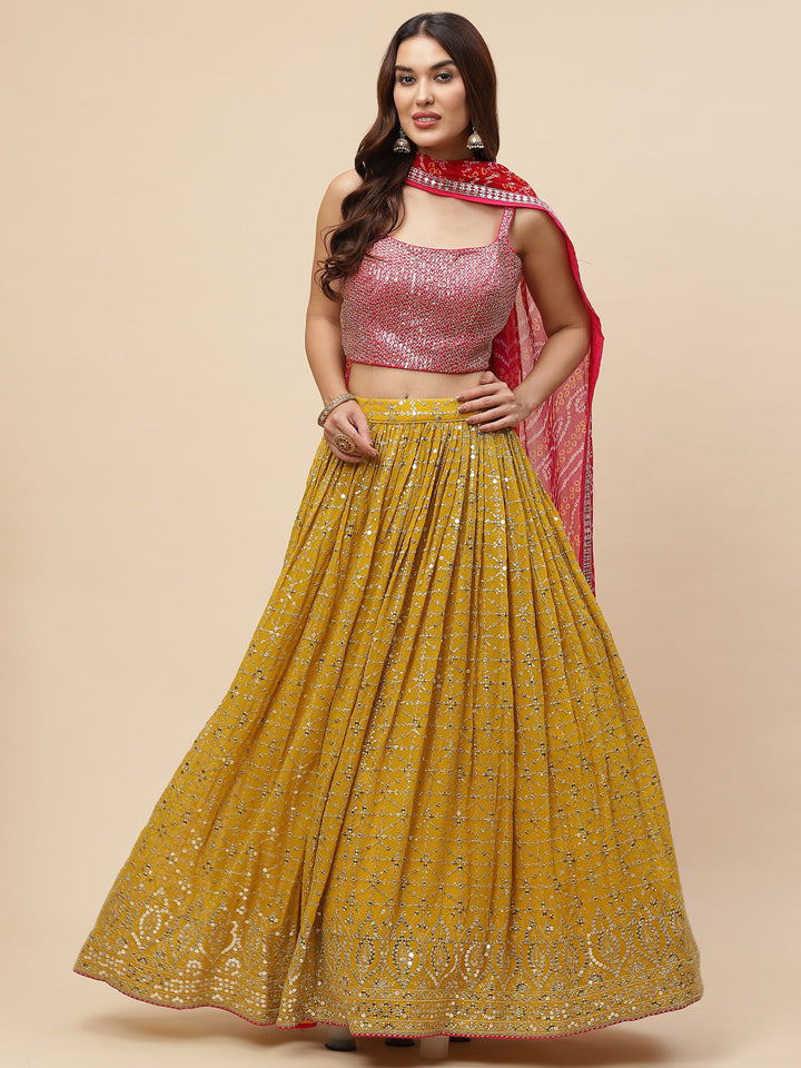 Sequin Embroidered Georgette Choli With Lehenga &amp; Dupatta