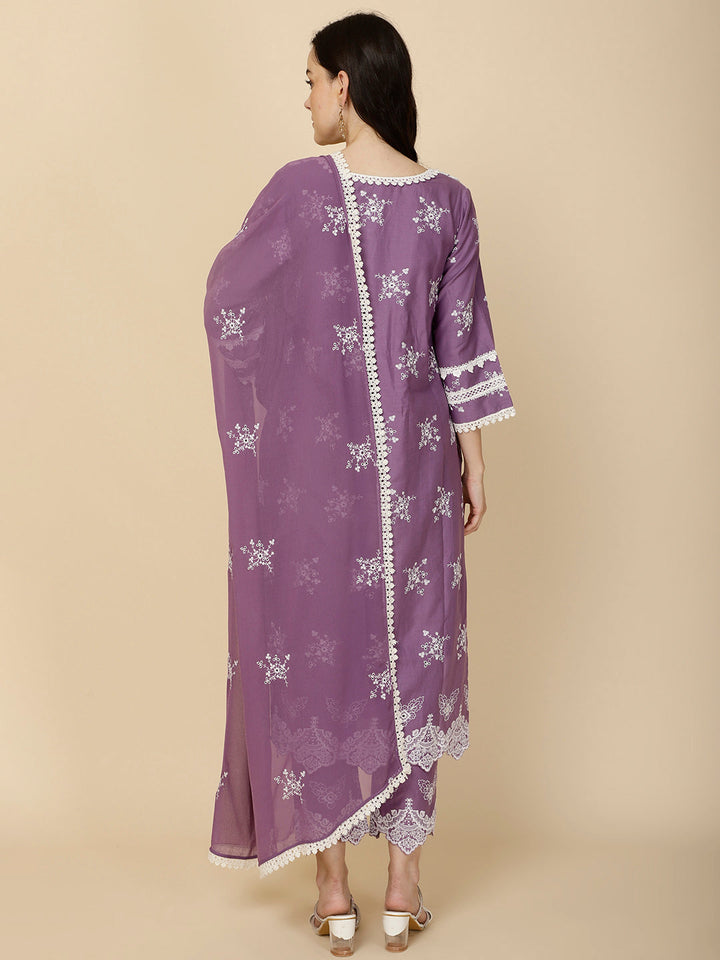 Embroidered Cotton Suit Set With Dupatta