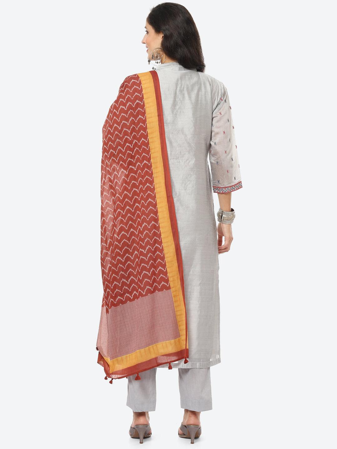 Embroidered Cotton Kurta With Pant & Chanderi Dupatta