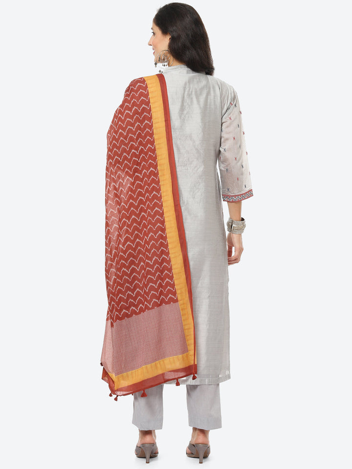 Embroidered Cotton Kurta With Pant &amp; Chanderi Dupatta
