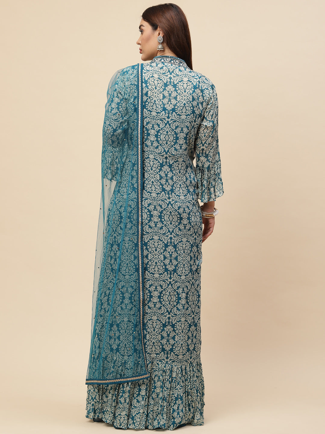 Neck Embroidered Georgette Gown With Jacket &amp; Dupatta