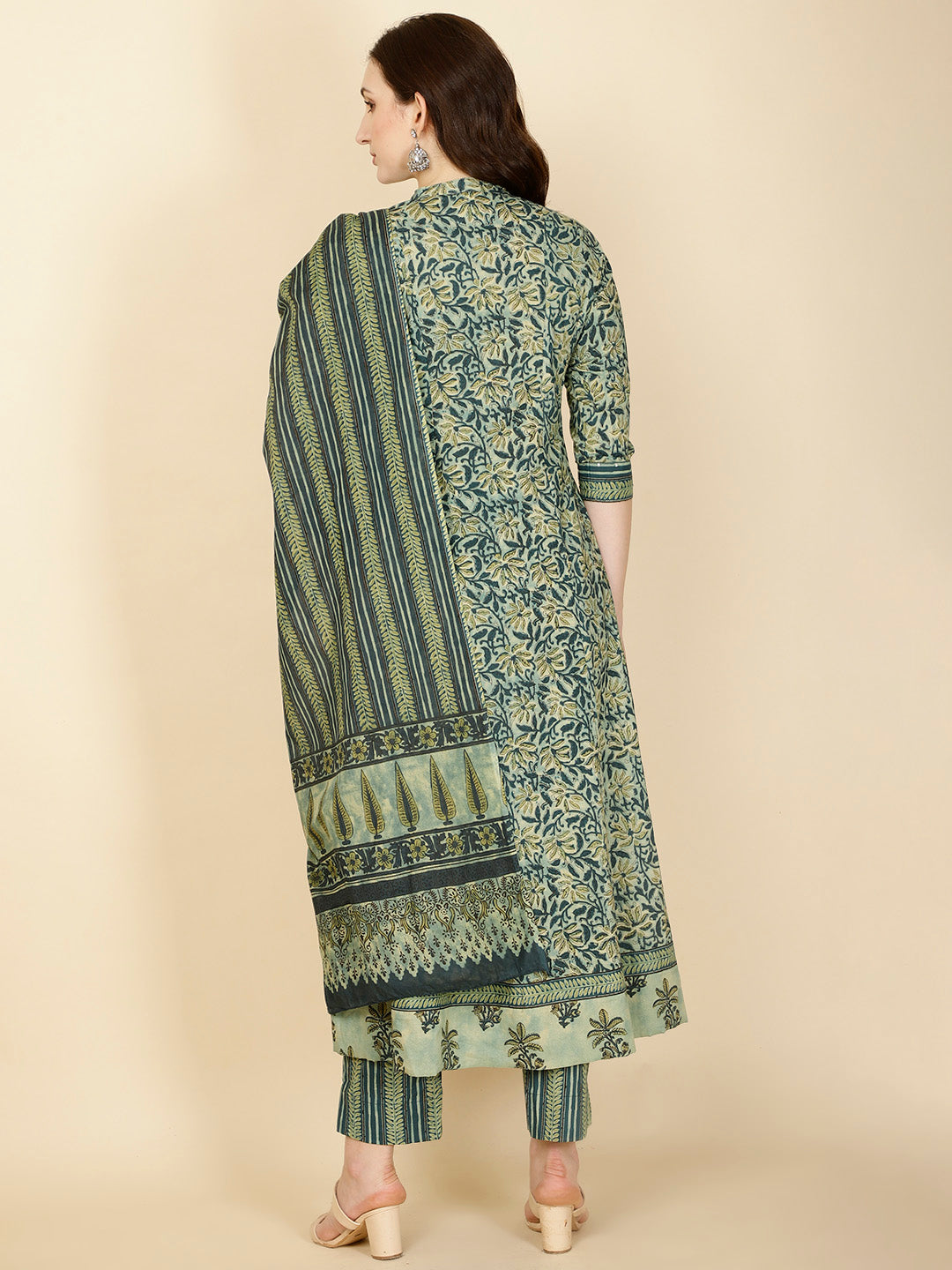 Floral Printed Cotton Anarkali Kurta With Pants &amp; Dupatta