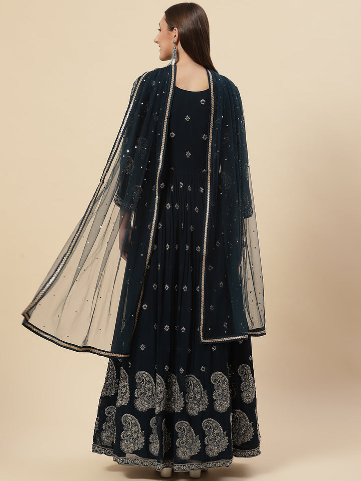 Resham Zari Embroidered Georgette Anarkali Kurta With Churidar &amp; Dupatta