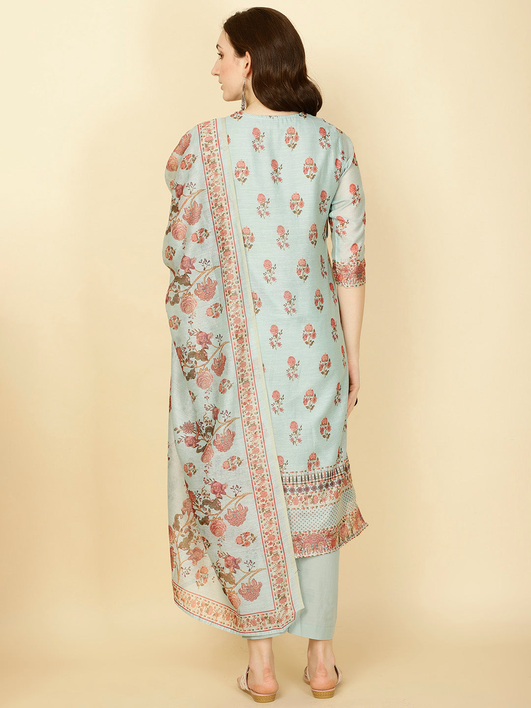 Floral Printed Chanderi Kurta With Pants & Dupatta