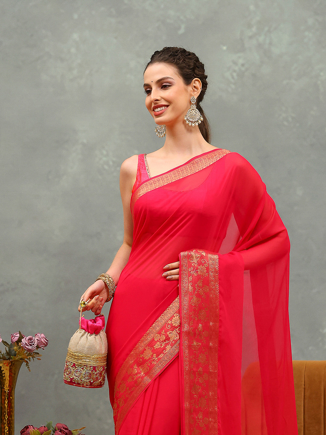 Zari Border Chiffon Woven Saree