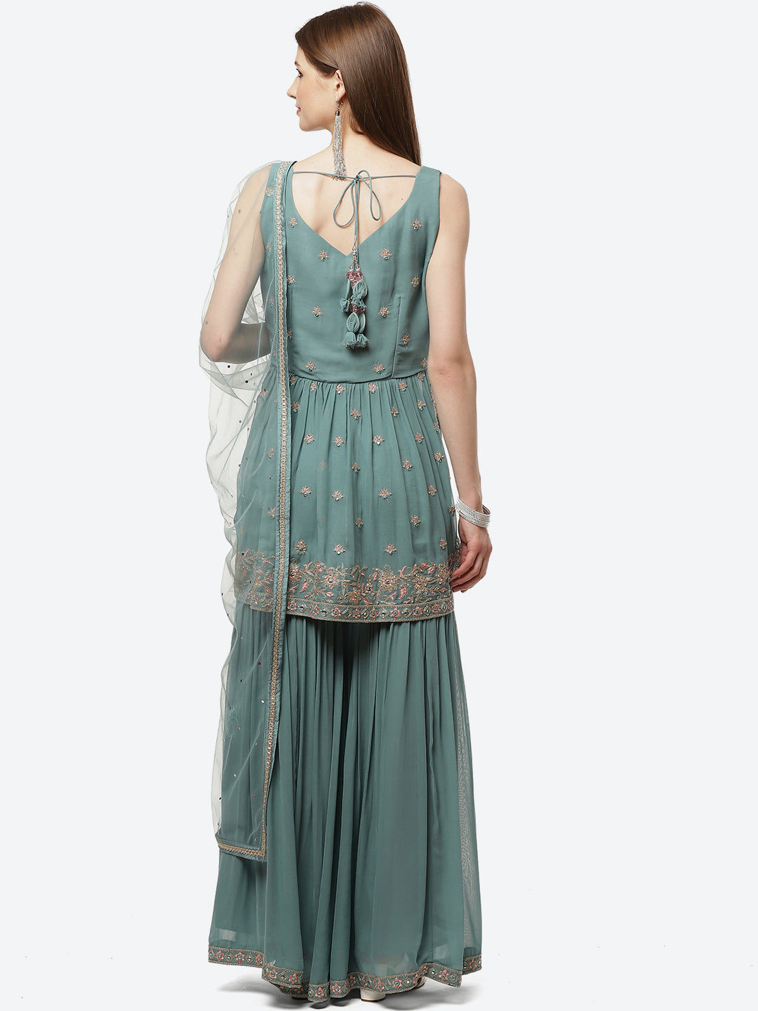 Art Georgette Embroidered Kurti With Sharara And Net Dupatta