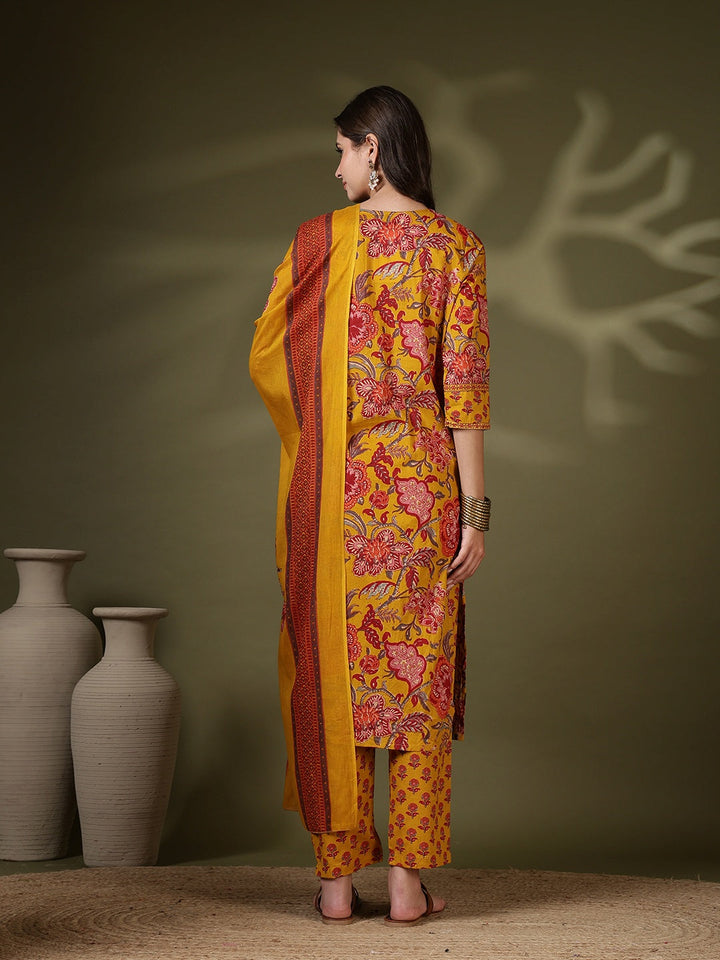 Printed Cotton Blend Kurta With Pant &amp; Dupatta
