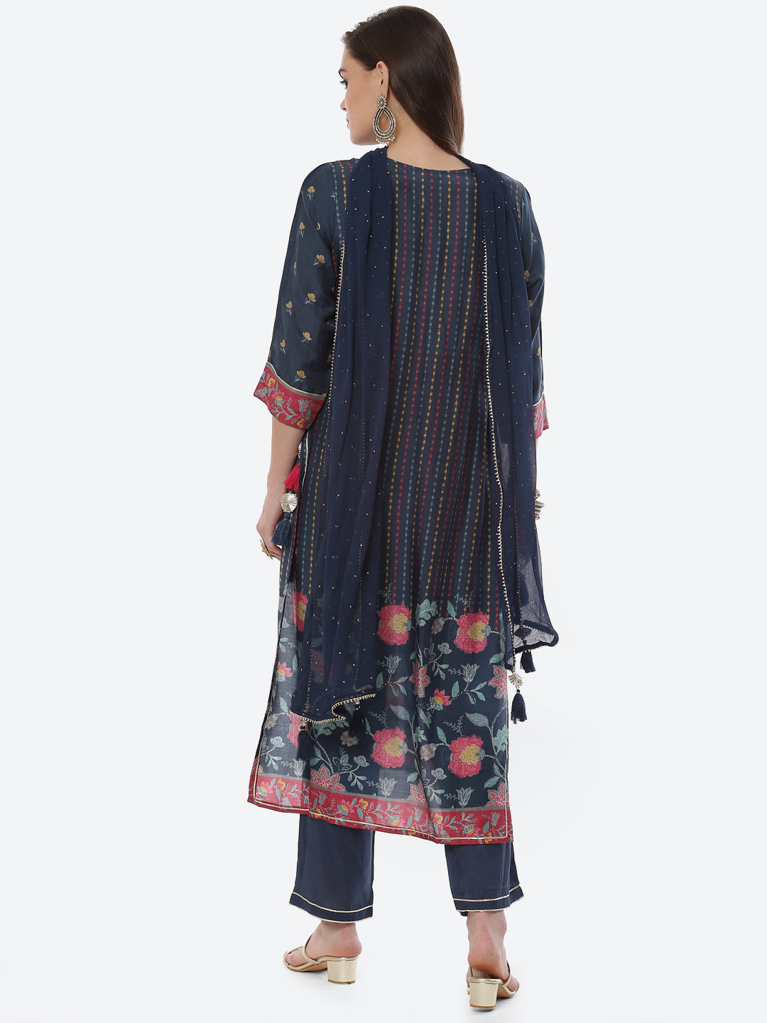 Mirror Work &amp; Printed Muslin Kurta With Pant &amp; Chiffon Dupatta
