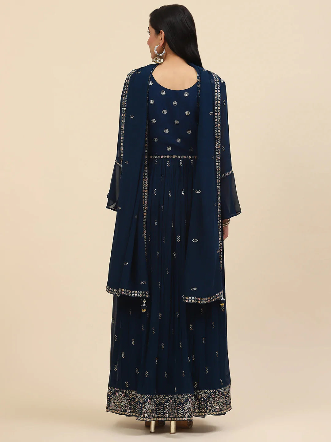 Sequin Embroidered Georgette Kurta With Palazzo &amp; Dupatta