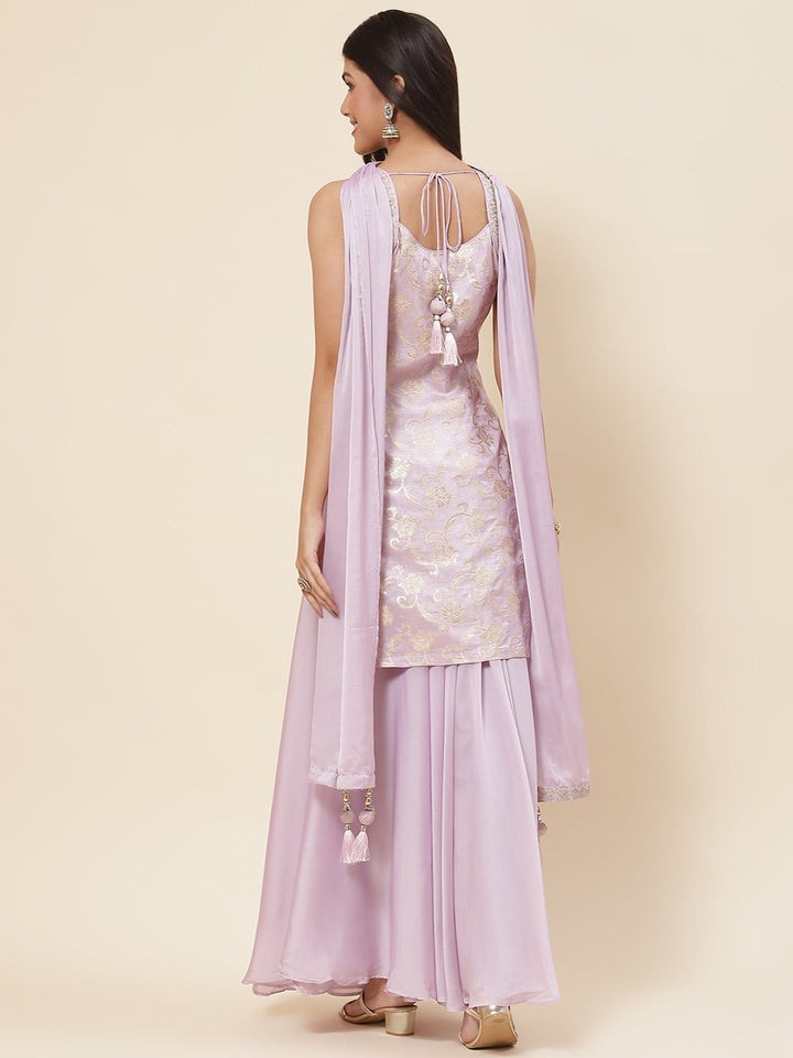 Floral Woven Georgette Kurta With Sharara &amp; Dupatta
