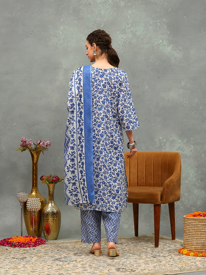 Printed Cotton Blend Kurta With Pants &amp; Dupatta