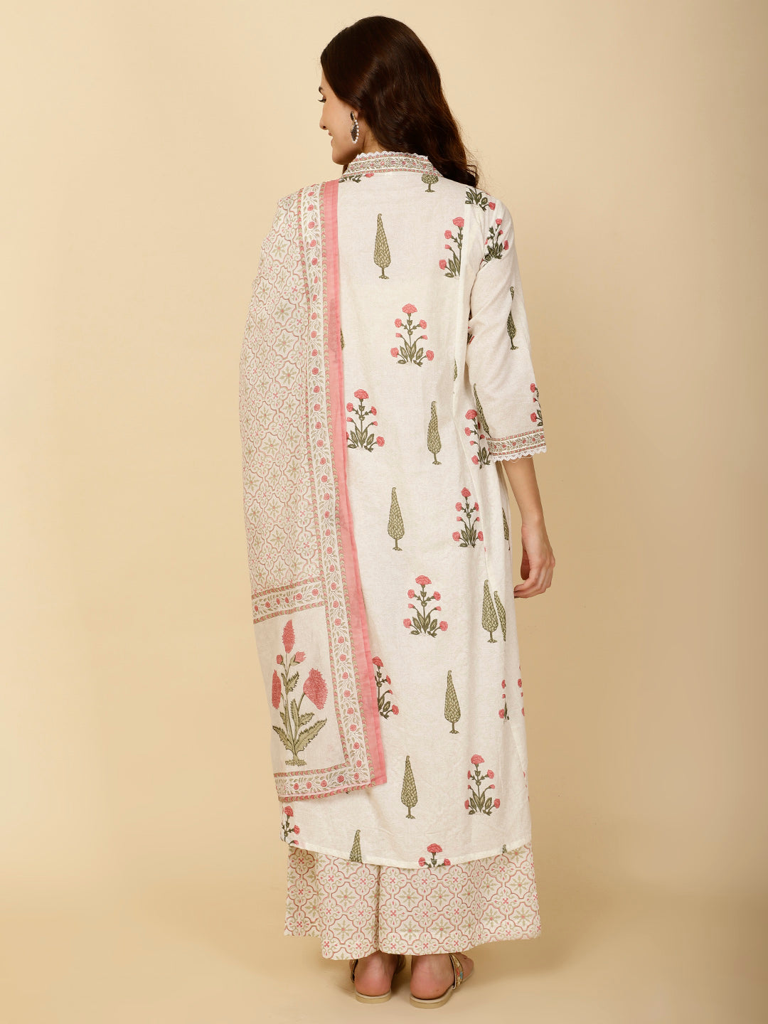 Block Printed Cotton Kurta With Palazzo &amp; Dupatta