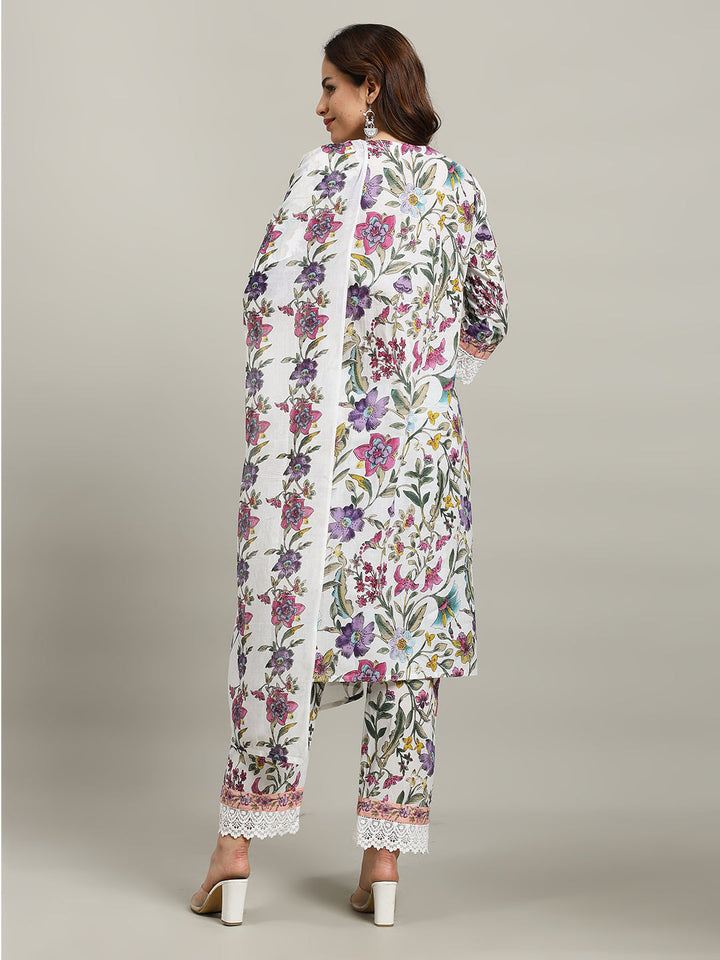 Floral Parinted Cotton Blend Kurta With Pants &amp; Dupatta