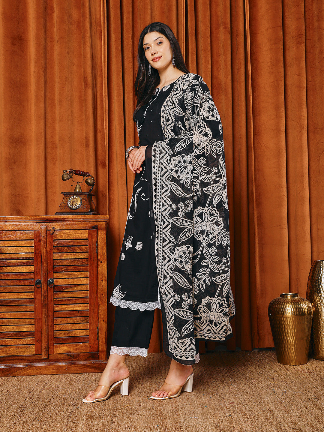 Printed Cotton Blend Kurta With Pants &amp; Dupatta
