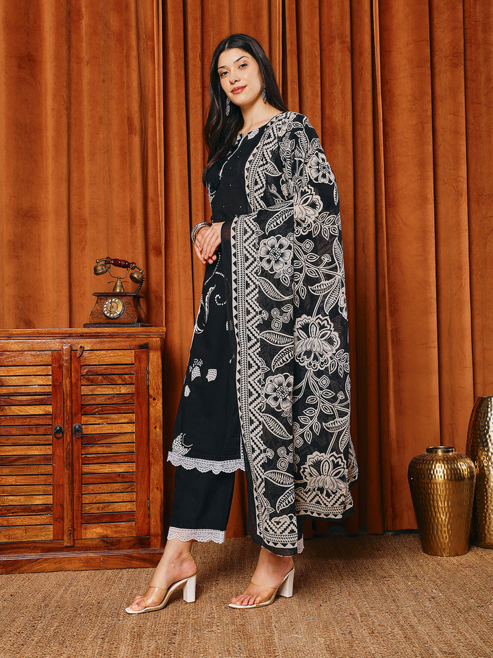 Printed Cotton Blend Kurta With Pants &amp; Dupatta