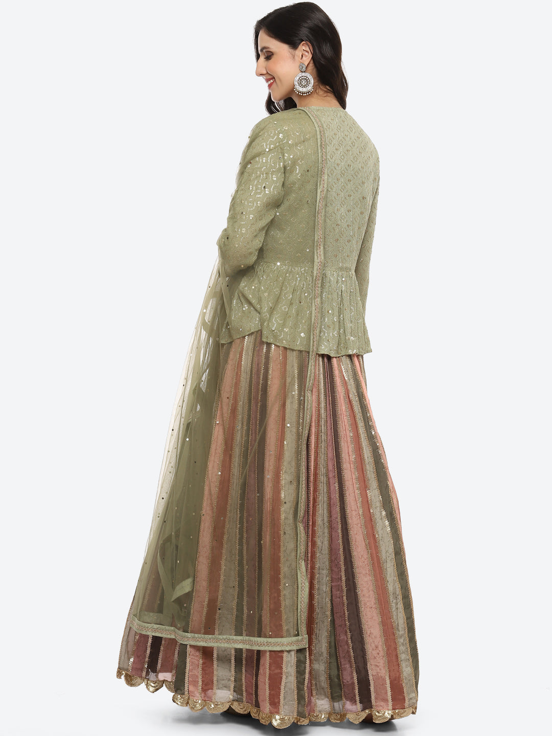 Resham Embroidered Georgette Choli Jacket With Lehenga &amp; Dupatta