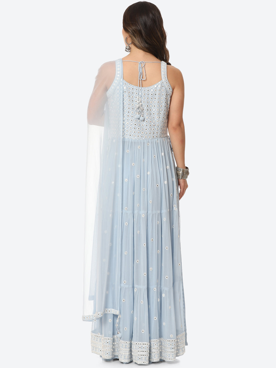 Resham Mirror Georgette Kurta With Palazzo &amp; Net Dupatta