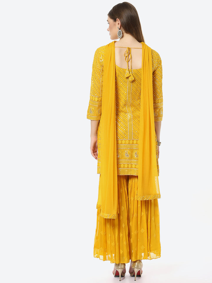 Sequin Georgette Kurti With Sharara &amp; Net Dupatta