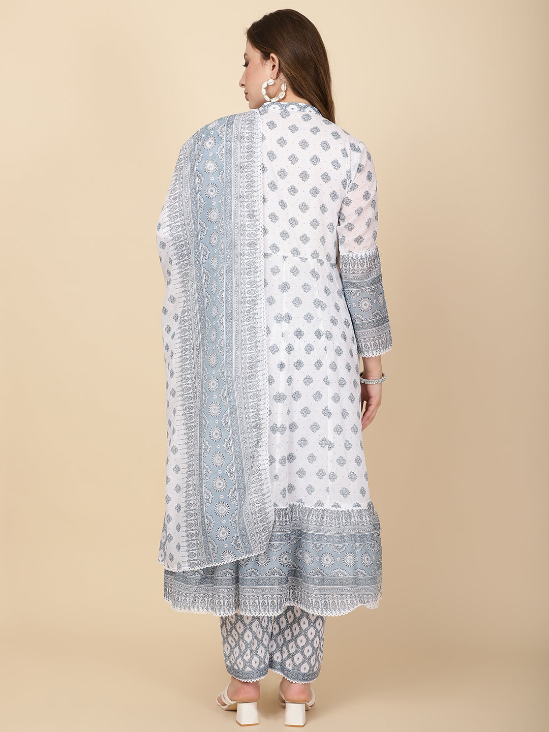 Floral Printed Cotton Kurta With Pants &amp; Dupatta
