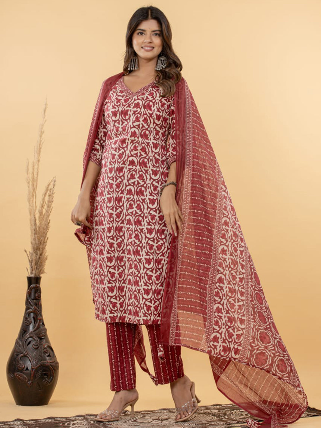 Red Embroidered Cotton Blend Straight Suit Set With Dupatta