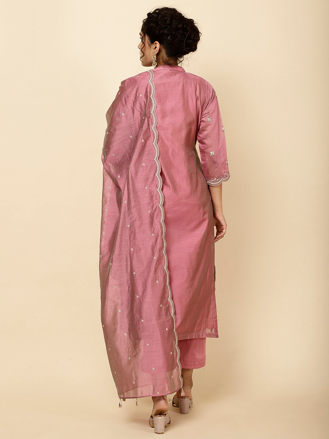 Embroidered Chanderi Kurta With Pants & Dupatta