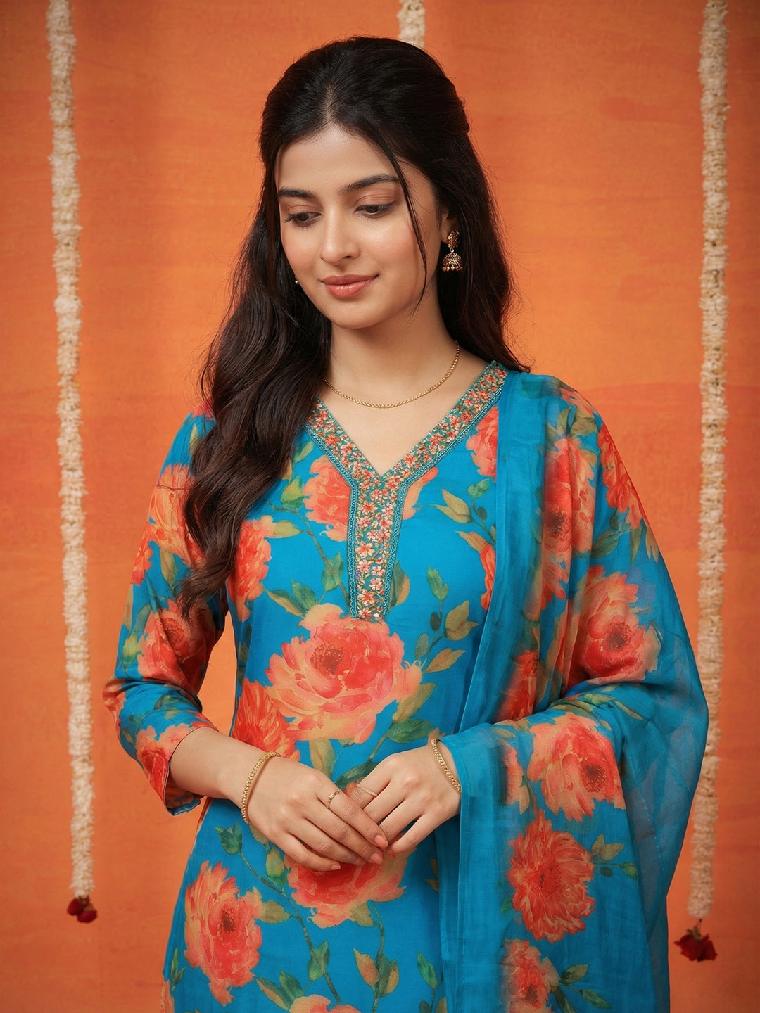 Printed Cotton Blend Kurta With Pant &amp; Dupatta