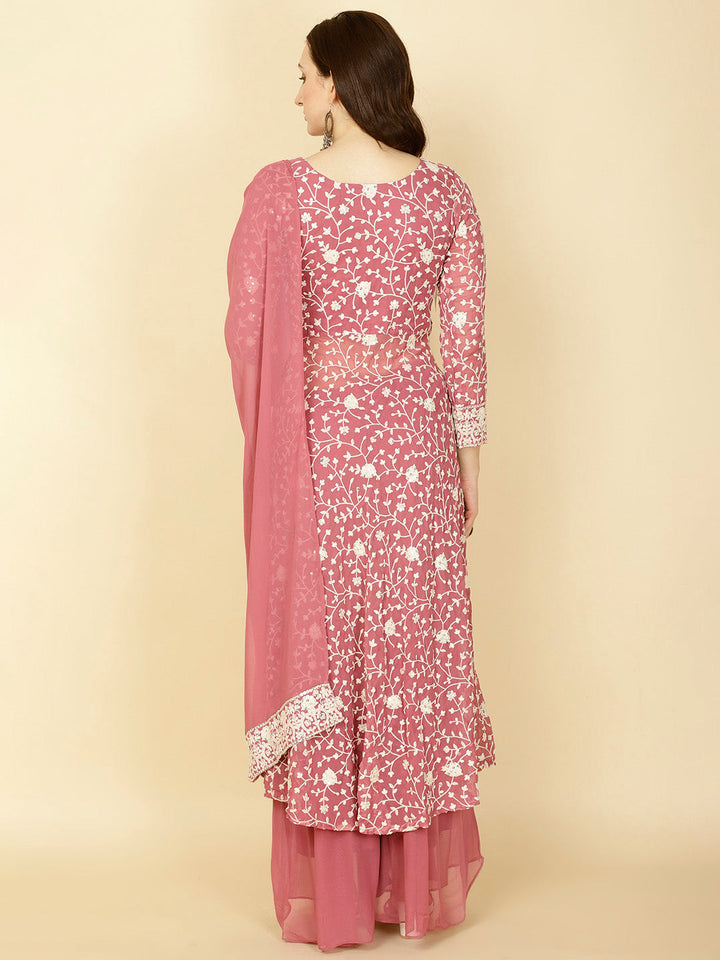 Resham Embroidery Georgette Kurta With Sharara &amp; Dupatta