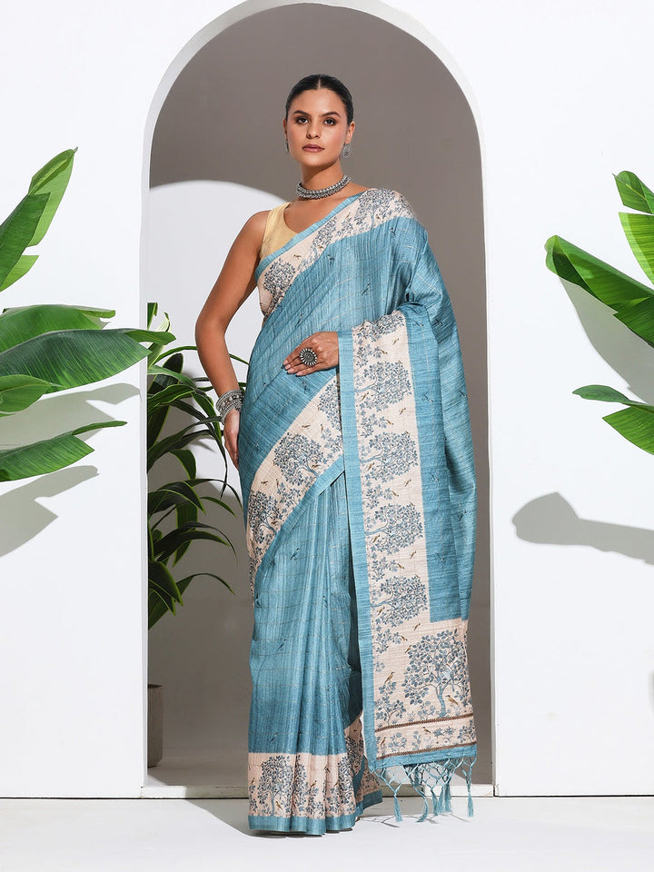 Floral Printed Tussar Silk Saree