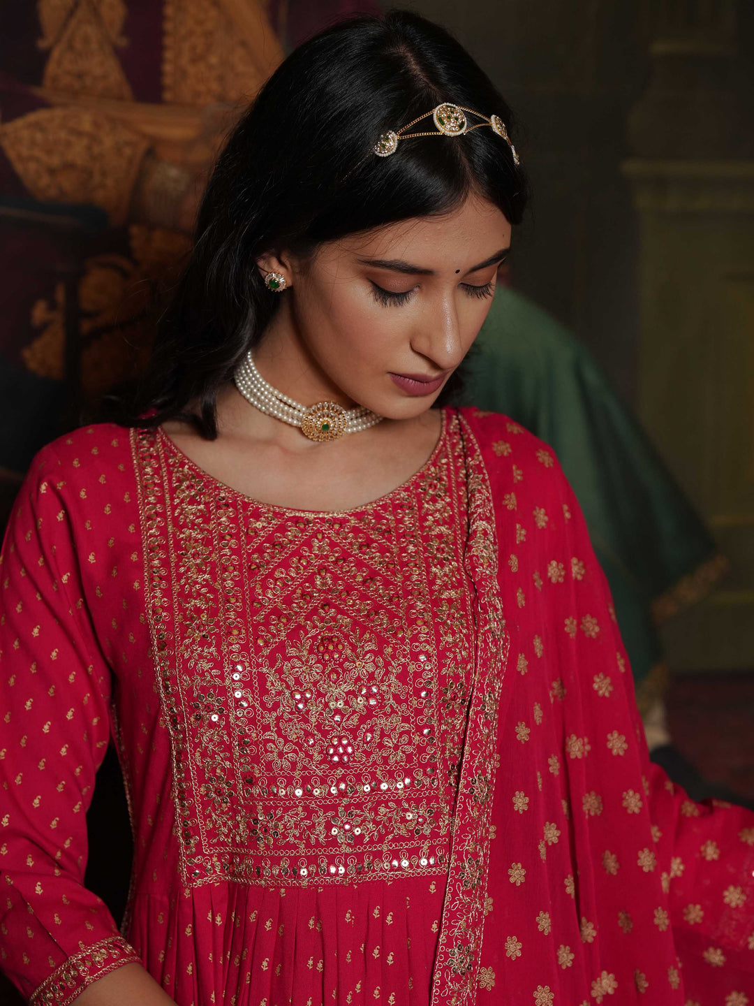 Neck Embroidered Cotton Kurta With Palazzo &amp; Dupatta
